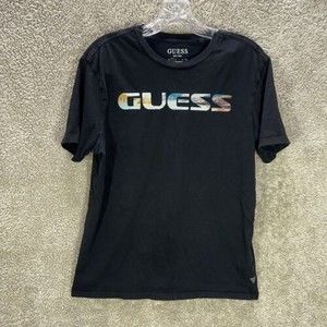 Guess Mens Small S Black Embroidered Spell Out Logo Organic Cotton T-Shirt Tee